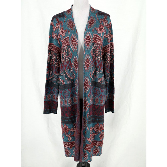 Chico's Sweaters - Chicos Sweater 2 Womens Large Green Burgundy Floral Long Cardigan Duster Open